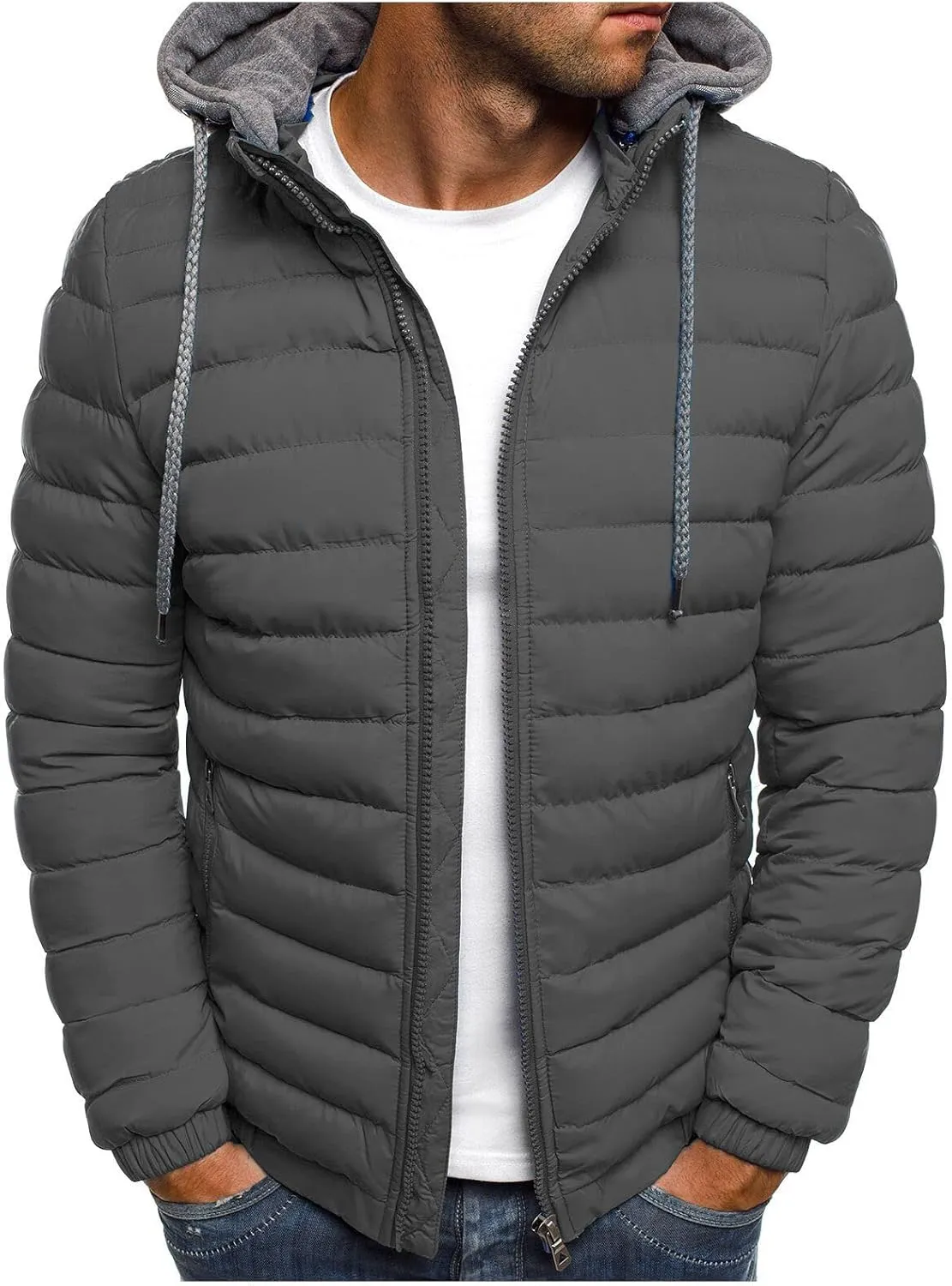 Men's Hooded Winter Coat Lightweight Packable Puffer Jacket Warm Full Zip Down Coat Snow Ski Jacket for Cold Weather