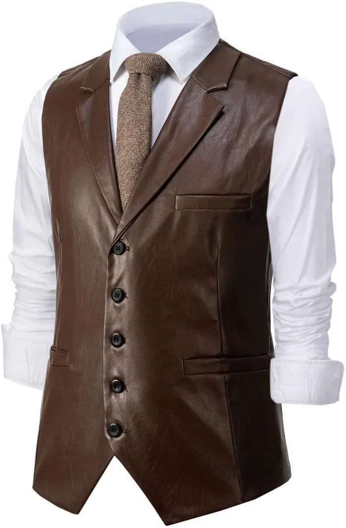 Men's Leather Suit Vest Casual Slim Fit Western Vest Jacket V-Neck Dress Vest Waistcoats
