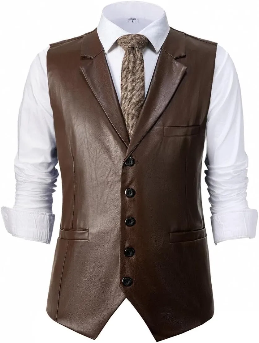 Men's Leather Suit Vest Casual Slim Fit Western Vest Jacket V-Neck Dress Vest Waistcoats
