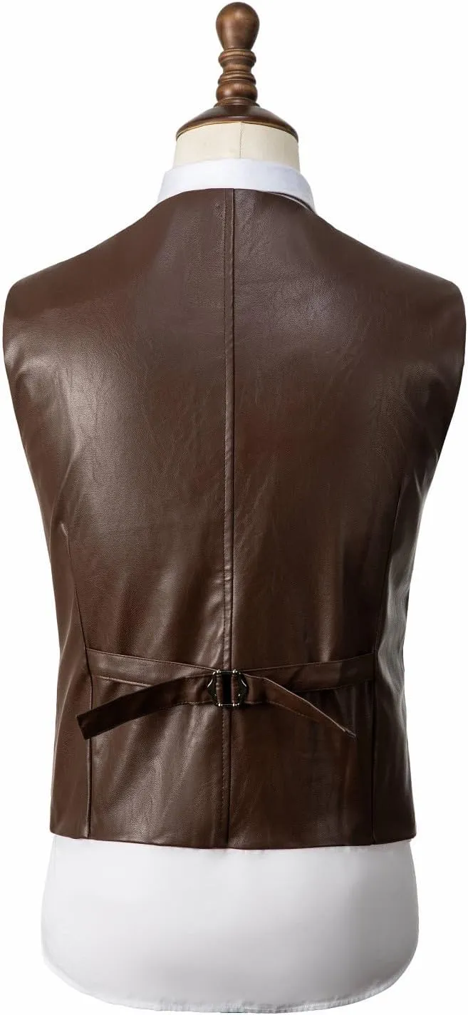 Men's Leather Suit Vest Casual Slim Fit Western Vest Jacket V-Neck Dress Vest Waistcoats