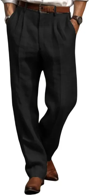 Men's Linen Pants Lightweight Straight Leg Pleated Leisure Trouser Relaxed Fit Casual Yoga Beach Work Dress Pant
