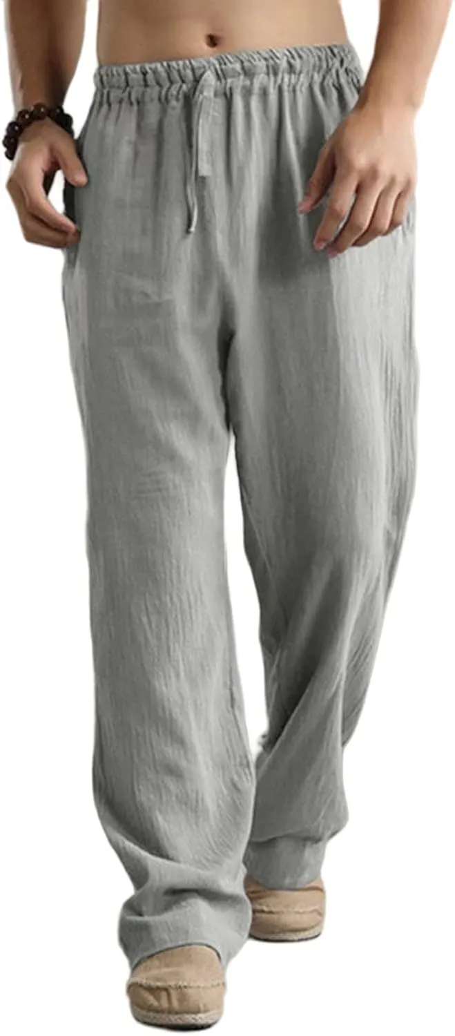 Mens Linen Sweatpants Drawstring Elastic Waist Casual Trendy Lightweight Pants Athletic Joggers Trousers with Pockets