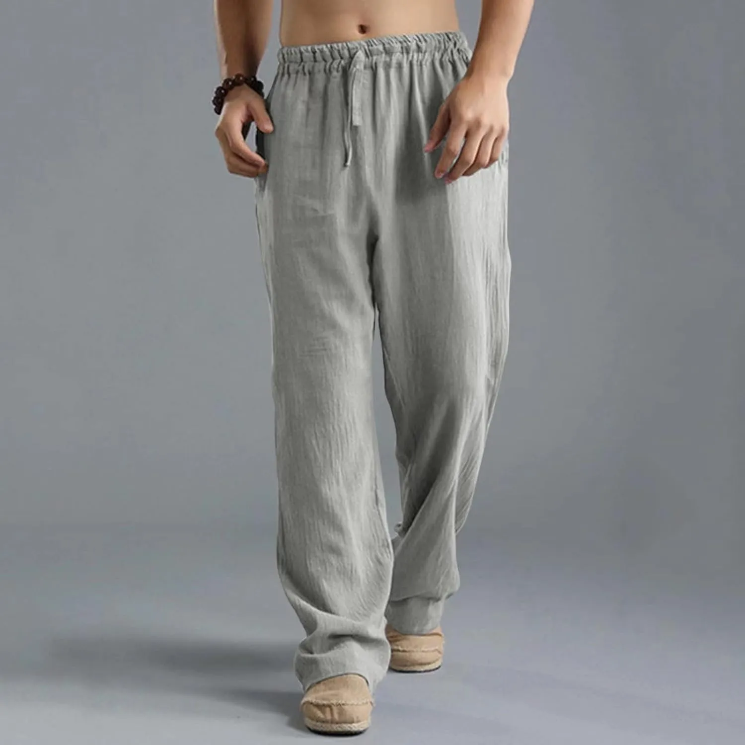 Mens Linen Sweatpants Drawstring Elastic Waist Casual Trendy Lightweight Pants Athletic Joggers Trousers with Pockets