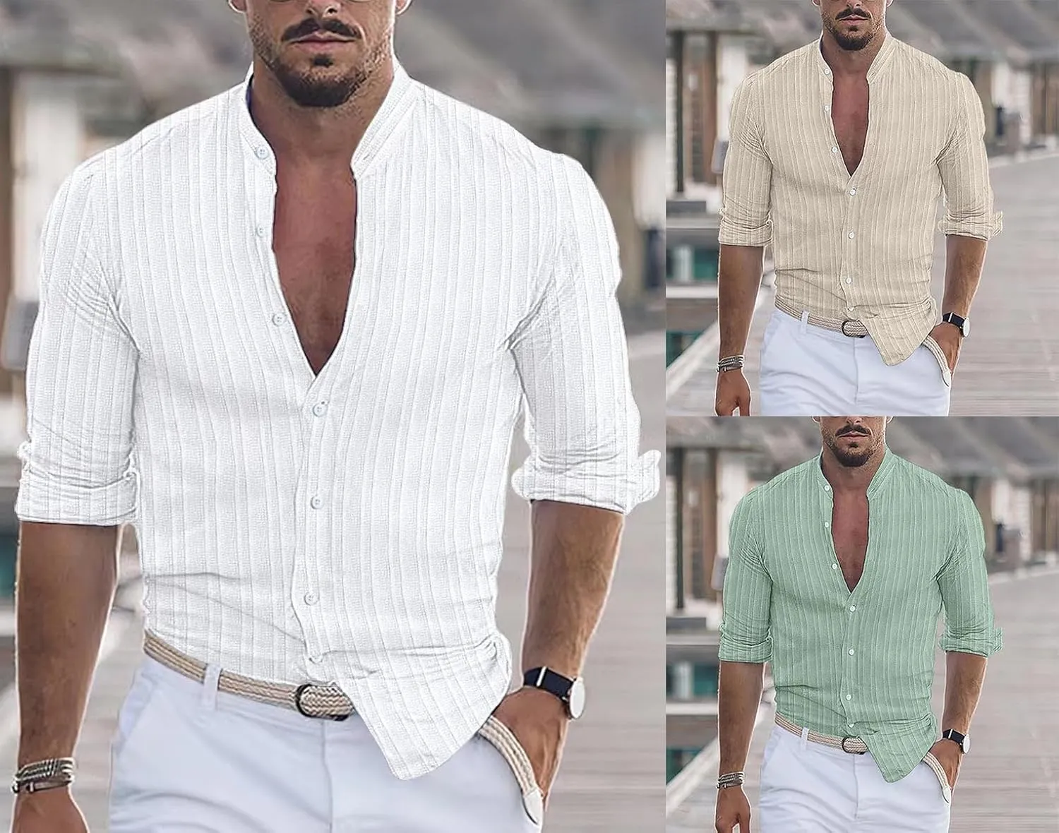 Mens Long Sleeve Linen Shirt Button up Loose fit Vintage Shirts Banded Collar high Elastic Tops Henley Shirt