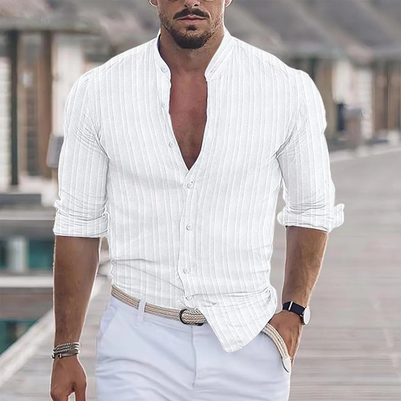 Mens Long Sleeve Linen Shirt Button up Loose fit Vintage Shirts Banded Collar high Elastic Tops Henley Shirt