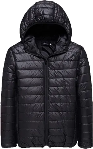 Men's Packable Puffer Jacket Lightweight Hooded Zipper Padded Jackets Plus Size Windproof Winter Warm Down Coat