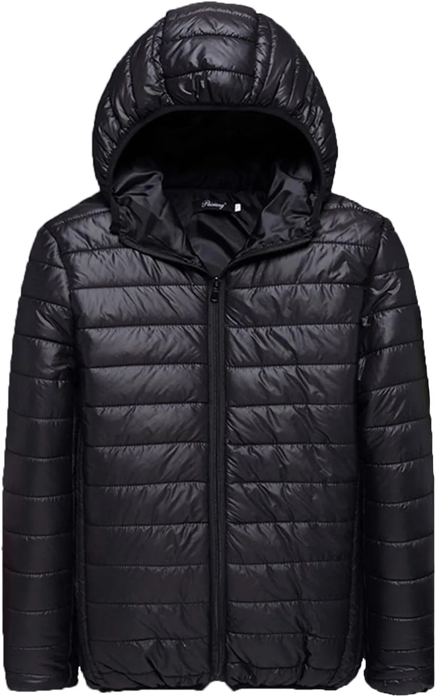 Men's Packable Puffer Jacket Lightweight Hooded Zipper Padded Jackets Plus Size Windproof Winter Warm Down Coat