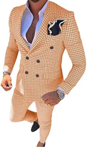 Mens Plaid Slim Fit 2 Pieces Suit Casual Notched Lapel Blazer Tuxedo Sport Coat Trousers