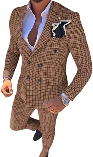 Mens Plaid Slim Fit 2 Pieces Suit Casual Notched Lapel Blazer Tuxedo Sport Coat Trousers