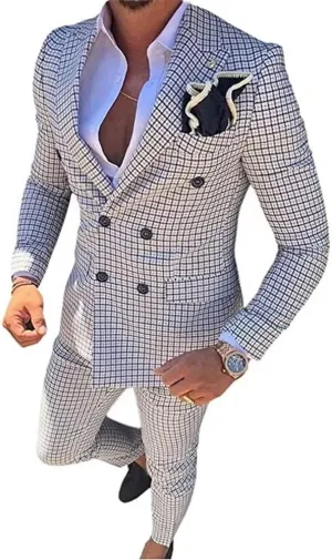 Mens Plaid Slim Fit 2 Pieces Suit Casual Notched Lapel Blazer Tuxedo Sport Coat Trousers