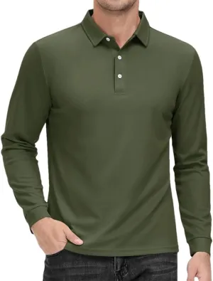 Men's Polo Shirt Long Sleeve Golf Shirts Quick Dry Lightweight 3-Button T-Shirt Work Fishing Athletic Tops