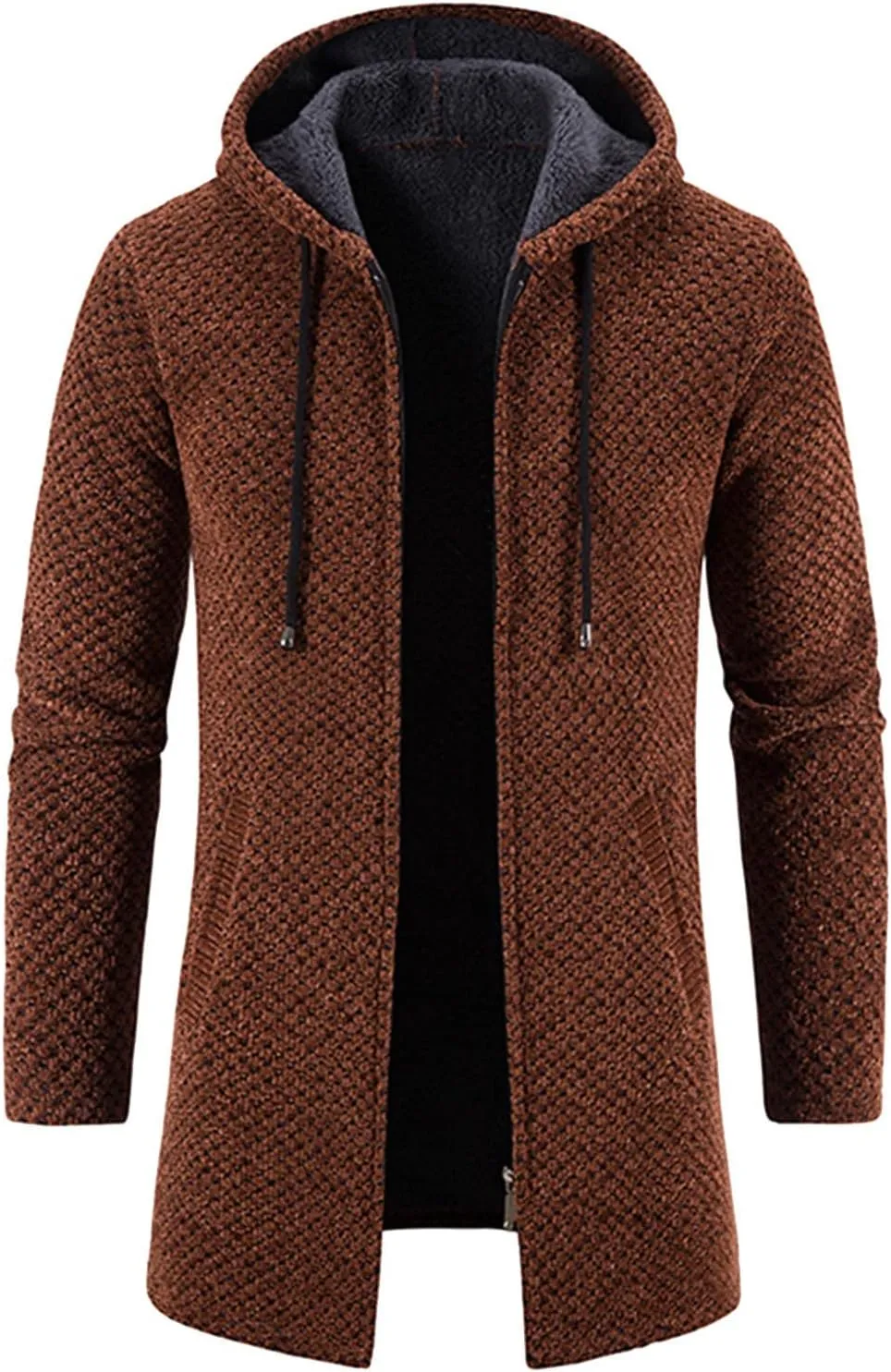 Mens Trench Coat Winter Wool Blend Jacket Overcoat Warm Long Coat, Winter Solid Knitted Hooded Cardigan Jacket