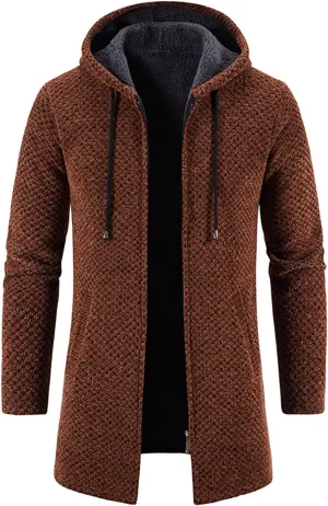 Mens Trench Coat Winter Wool Blend Jacket Overcoat Warm Long Coat, Winter Solid Knitted Hooded Cardigan Jacket