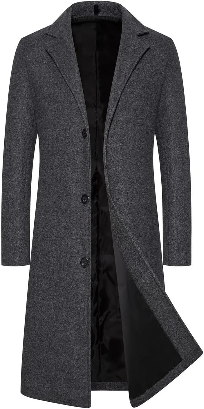 Men's Trench Coat Winter Wool Blend Long Jacket Overcoat Single Breasted Peacoat Oversized Winter Warm Windbreaker