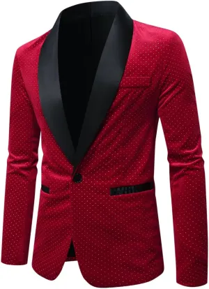 Men's Velvet Blazer Shawl Lapel One Button Suit Jacket Stylish Polka Dot Wedding Tuxedo for Dinner Prom Party Disco