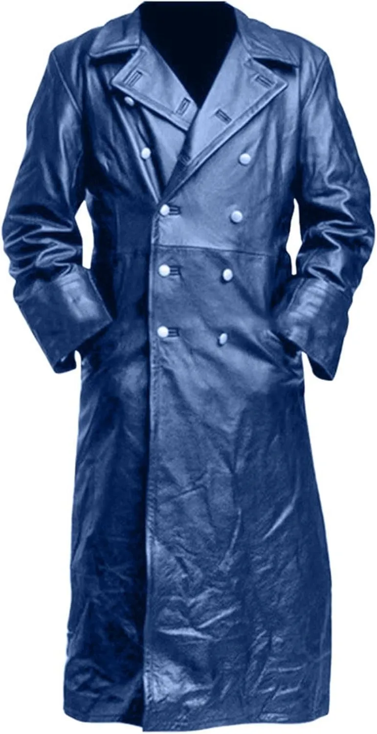 Mens Vintage Classic WW2 Officer Military Uniform Black Leather Trench Coat Jacket Temperament Motorcycle Jacket 2024