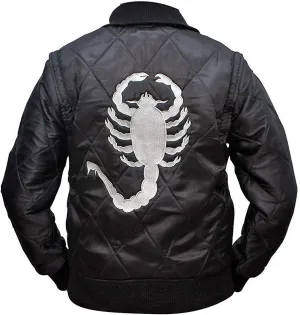 Mens White Lightweight Bomber Varsity Reversible Vintage Embroidered Scorpio Logo Quilted Satin Jacket