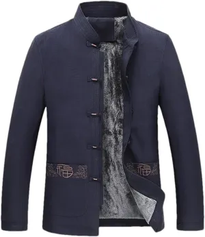 Mens Winter Chinese Style Cotton Padded Jacket Tang Stand Collar Embroidered Men's Coat