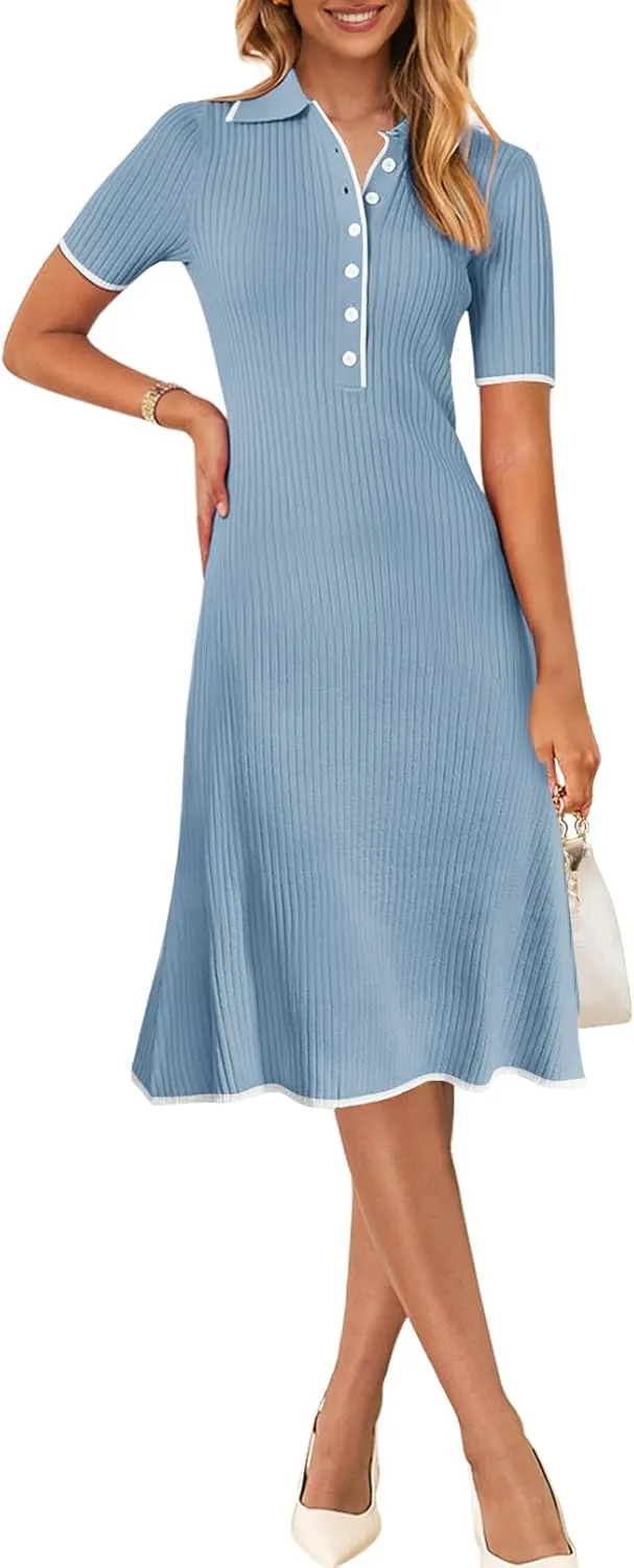 MEROKEETY Women's V Neck Ribbed Knit Midi Dress Short Sleeve Button Elegant Bodycon Sweater Dresses