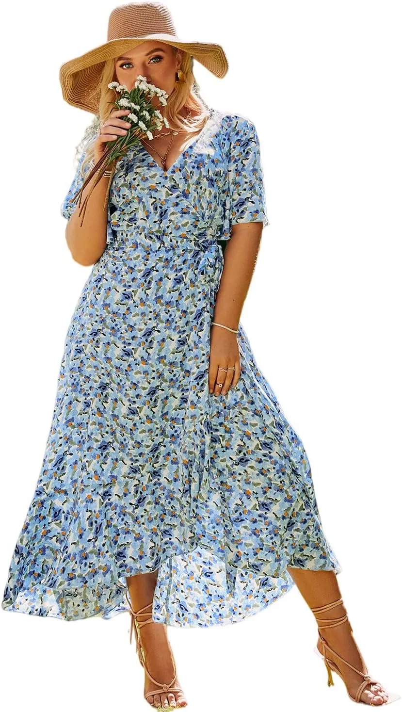 Miessial Women's Elegant Plus Size Maxi Dress Wrap V Neck Floral Print Ruffle Trim Maternity Summer Long Dress Blue 16