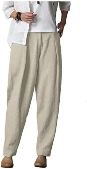 Minibee Women's Casual Linen Pants Elastic Waist Tapered Pants Trousers with Pockets
