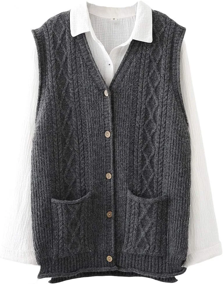Minibee Women's Sweater Vest Casual Sleeveless Cardigan V-Neck Button Down Vest with Pockets