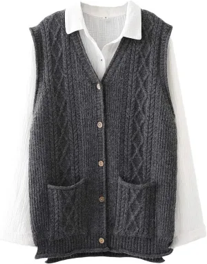 Minibee Women's Sweater Vest Casual Sleeveless Cardigan V-Neck Button Down Vest with Pockets