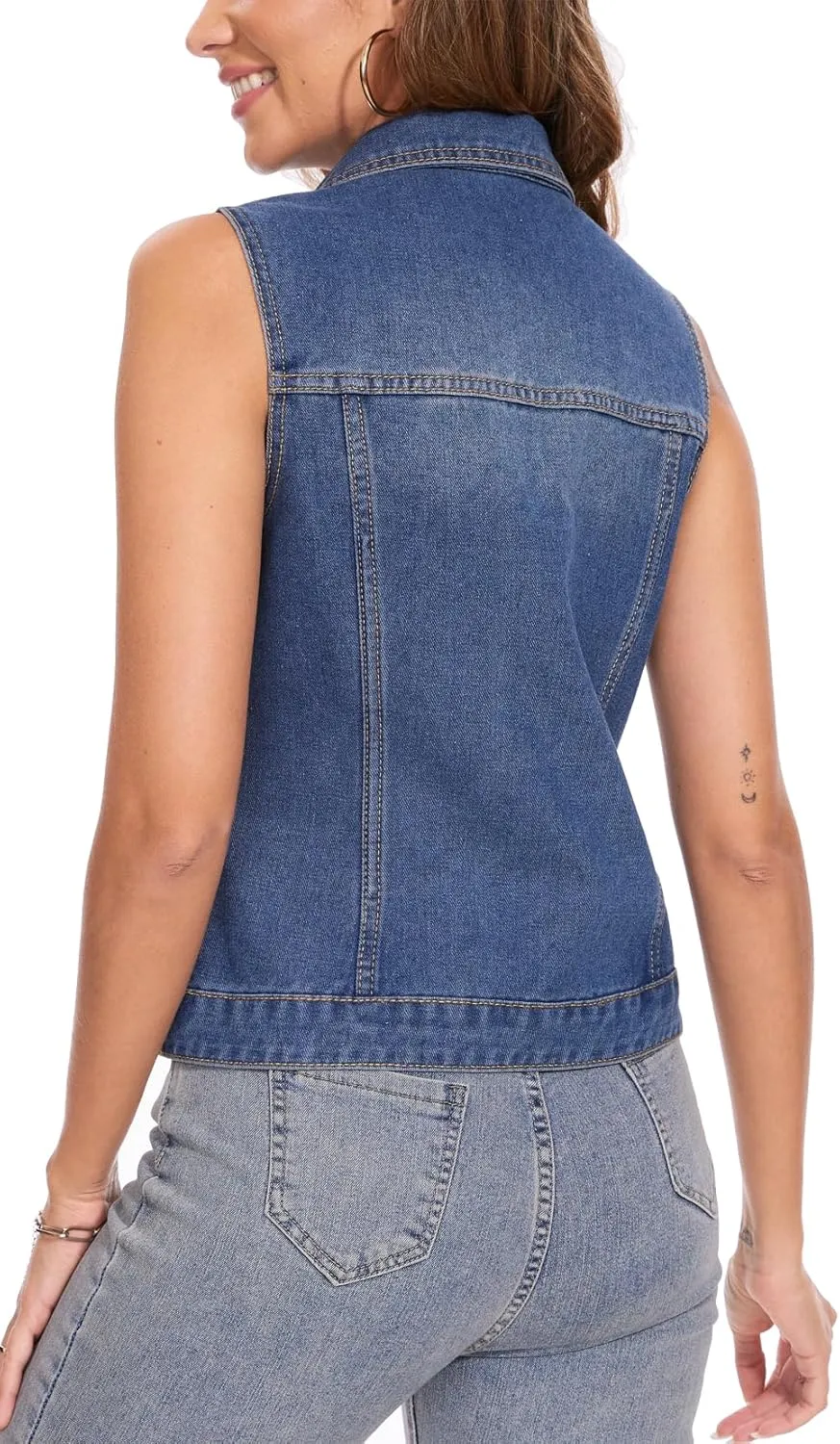 MISS MOLY Women's Denim Vest Cropped Classic Sleeveless Jean Vest Jackets With Flap Pockets