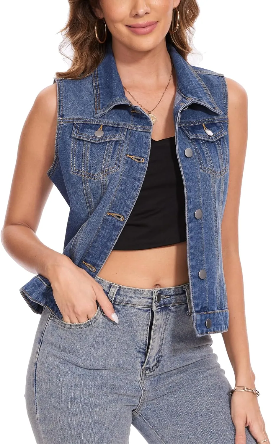 MISS MOLY Women's Denim Vest Cropped Classic Sleeveless Jean Vest Jackets With Flap Pockets