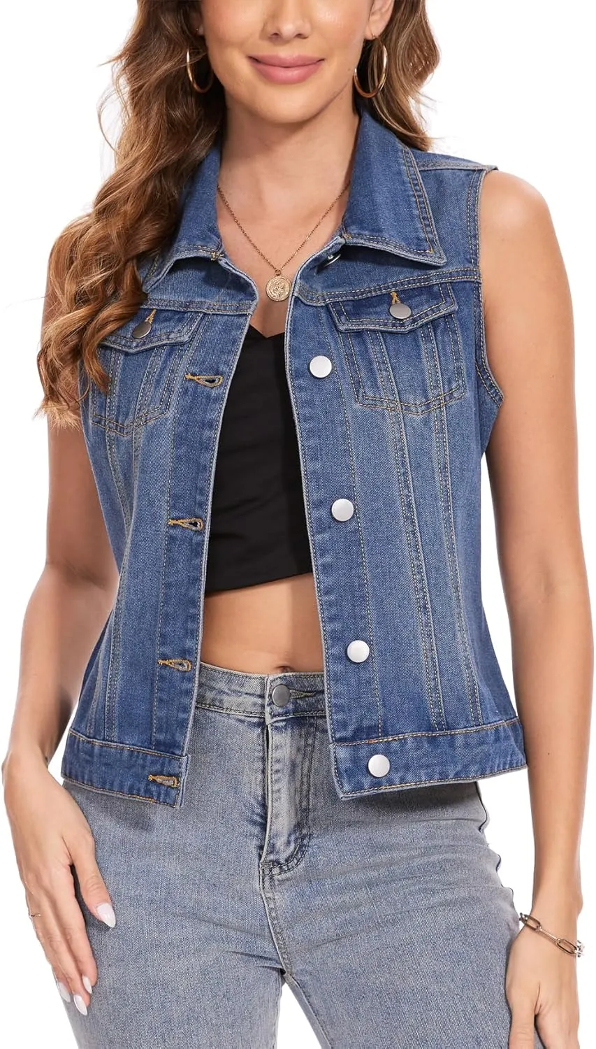 MISS MOLY Women's Denim Vest Cropped Classic Sleeveless Jean Vest Jackets With Flap Pockets