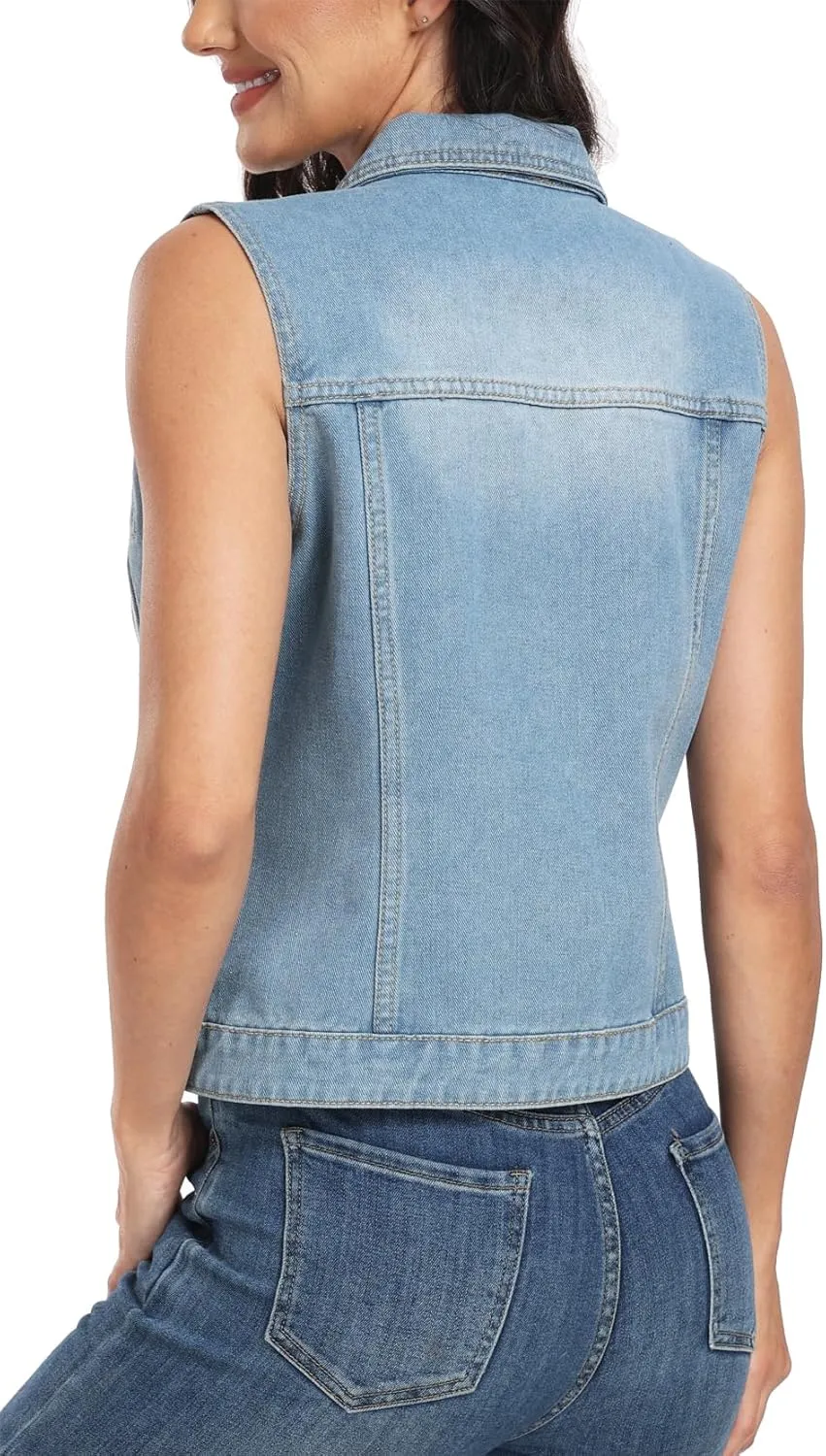MISS MOLY Women's Denim Vest Cropped Classic Sleeveless Jean Vest Jackets With Flap Pockets