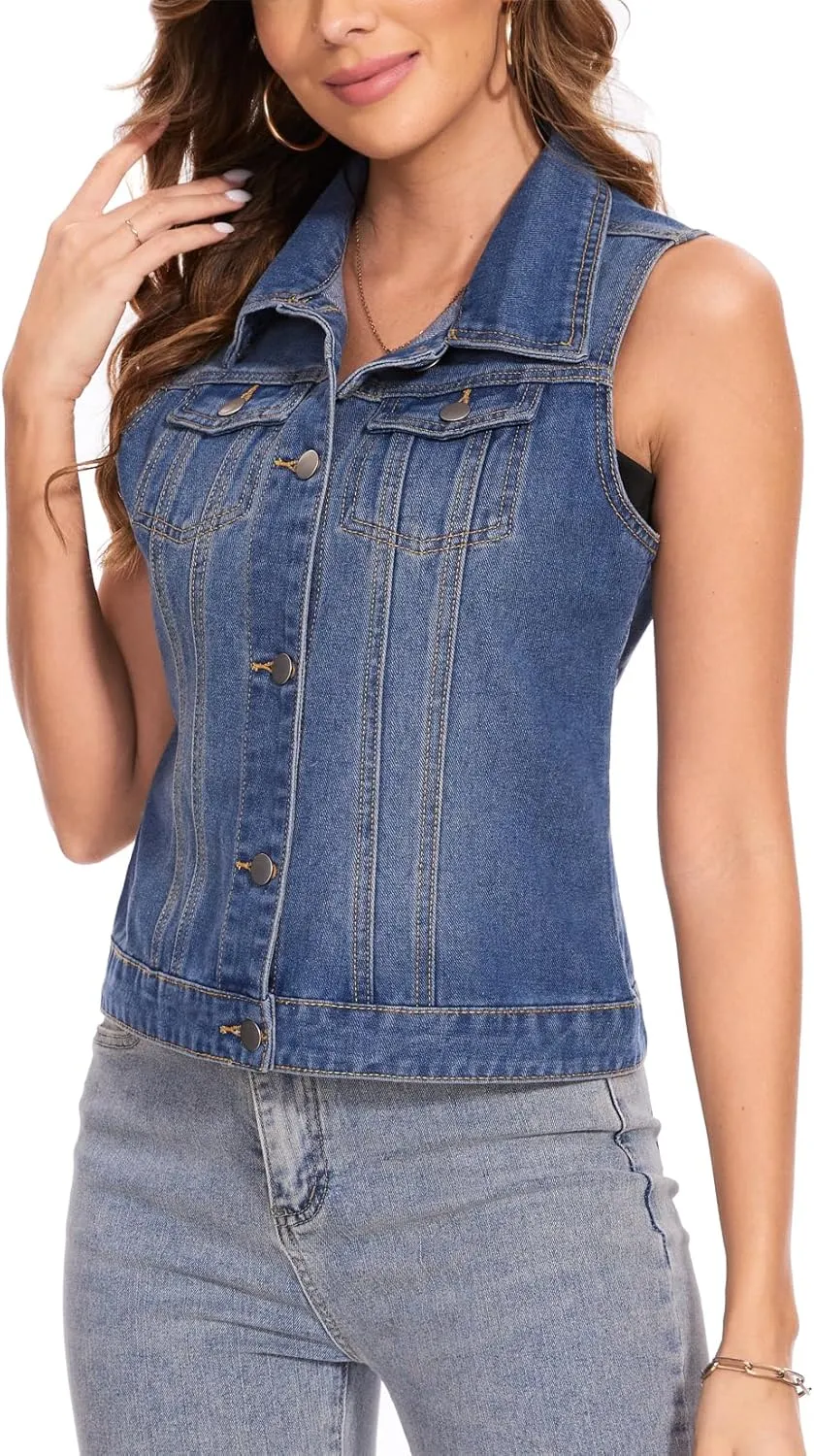 MISS MOLY Women's Denim Vest Cropped Classic Sleeveless Jean Vest Jackets With Flap Pockets