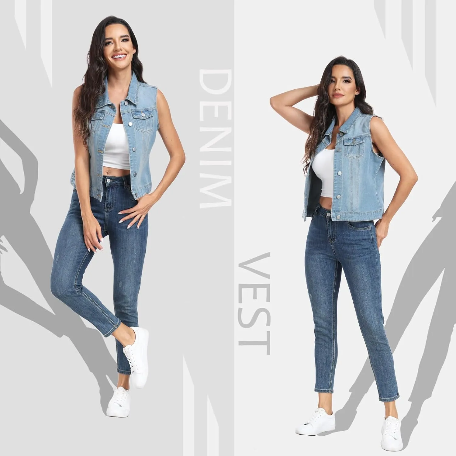 MISS MOLY Women's Denim Vest Cropped Classic Sleeveless Jean Vest Jackets With Flap Pockets