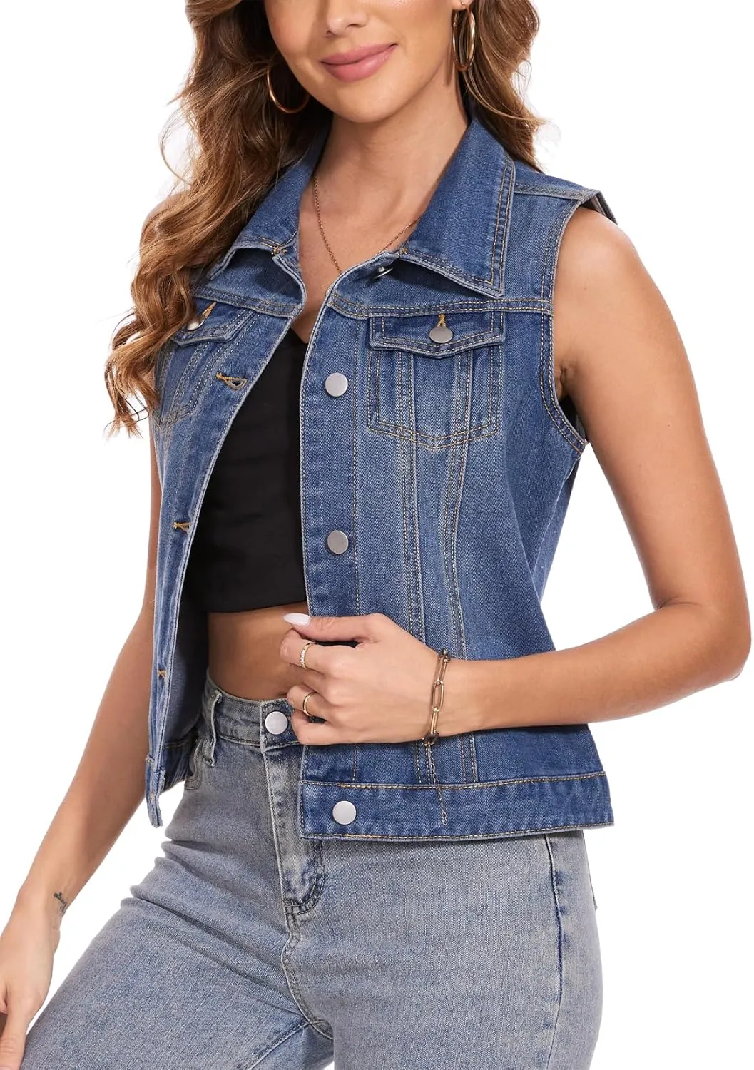 MISS MOLY Women's Denim Vest Cropped Classic Sleeveless Jean Vest Jackets With Flap Pockets