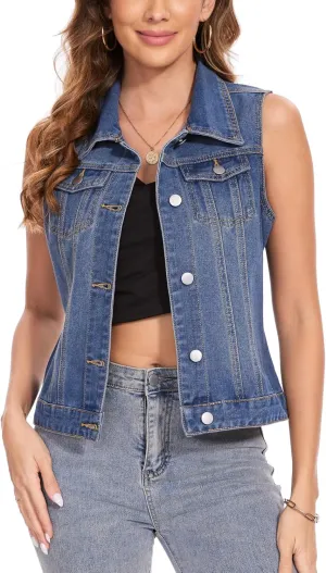 MISS MOLY Women's Denim Vest Cropped Classic Sleeveless Jean Vest Jackets With Flap Pockets
