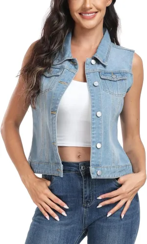 MISS MOLY Women's Denim Vest Cropped Classic Sleeveless Jean Vest Jackets With Flap Pockets