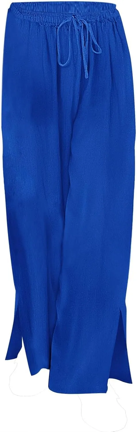Miyaomn Linen Palazzo Pants for Women High Waisted Wide Leg Summer Lounge Pants with Pockets Side Slit Casual Beach Trousers