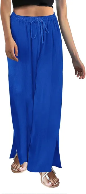 Miyaomn Linen Palazzo Pants for Women High Waisted Wide Leg Summer Lounge Pants with Pockets Side Slit Casual Beach Trousers