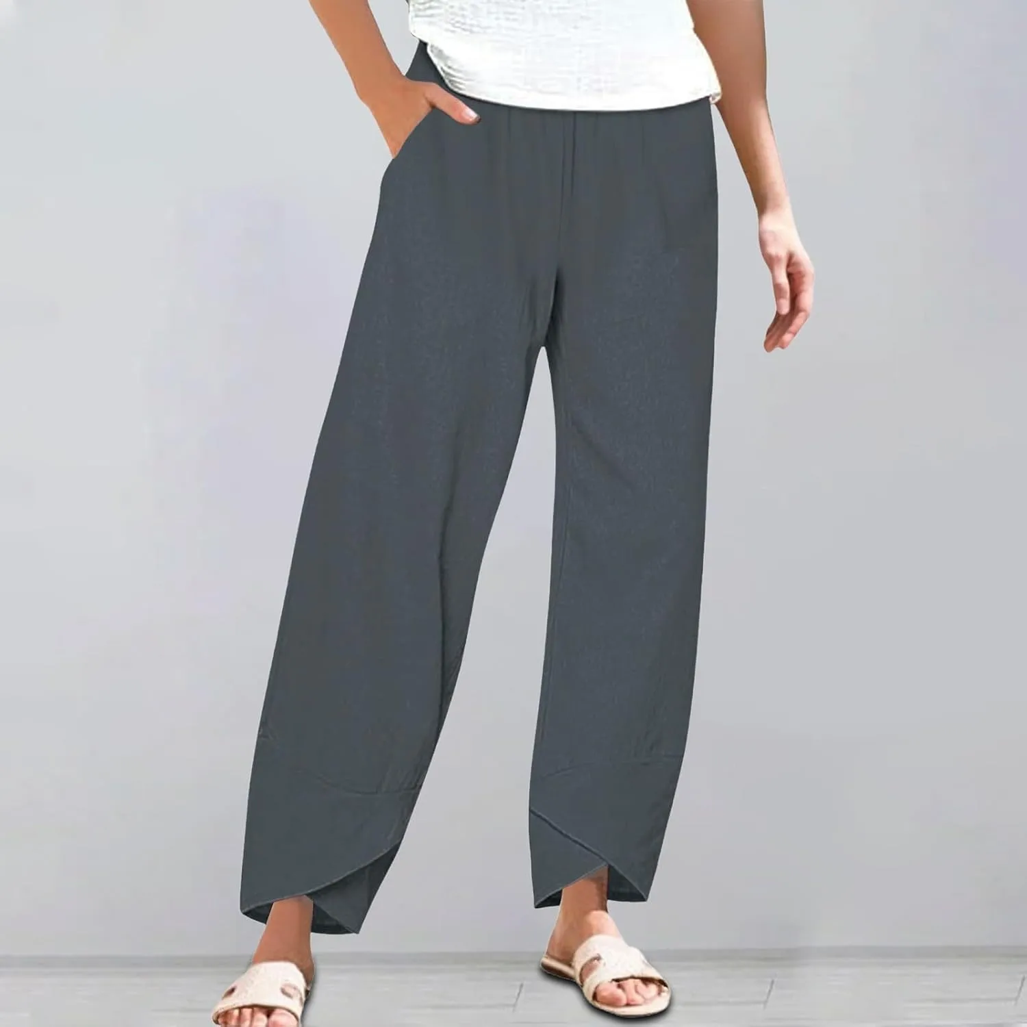 Miyaomn Linen Pants for Women Casual Summer Elastic Waist Capri Pants Solid Color Loose Wide Leg Cropped Trousers with Pocket