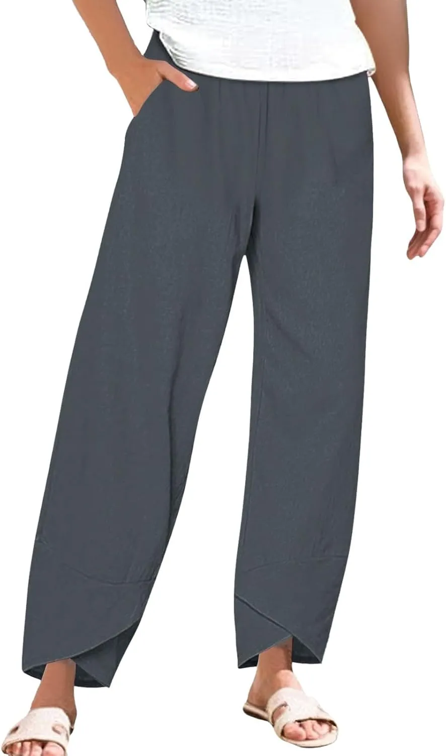 Miyaomn Linen Pants for Women Casual Summer Elastic Waist Capri Pants Solid Color Loose Wide Leg Cropped Trousers with Pocket