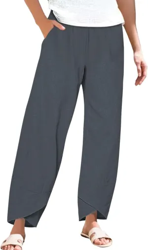 Miyaomn Linen Pants for Women Casual Summer Elastic Waist Capri Pants Solid Color Loose Wide Leg Cropped Trousers with Pocket