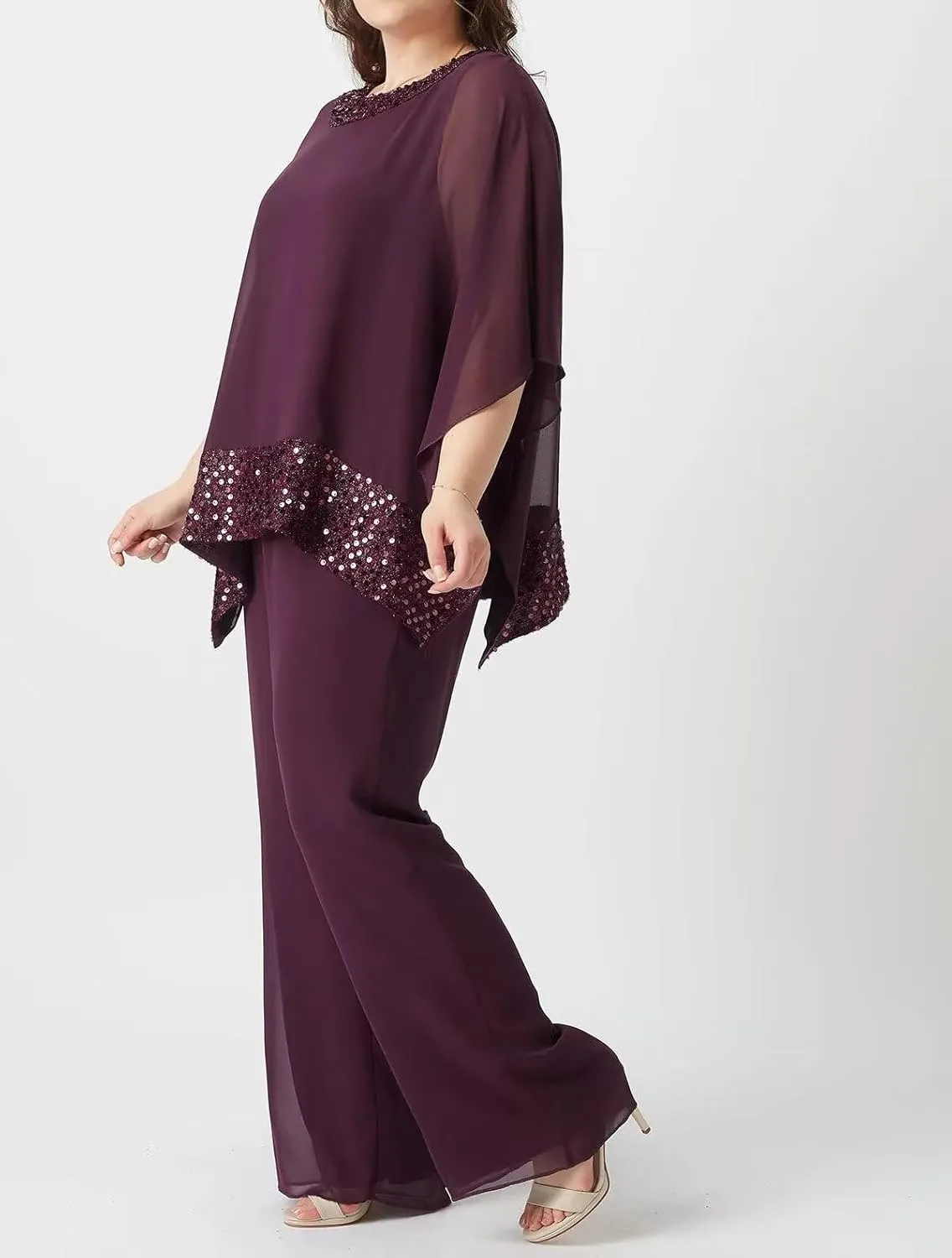 Mother of Bride Pant Suits 3 Piece Chiffon Sequins Plus Size Formal Evening Outfits