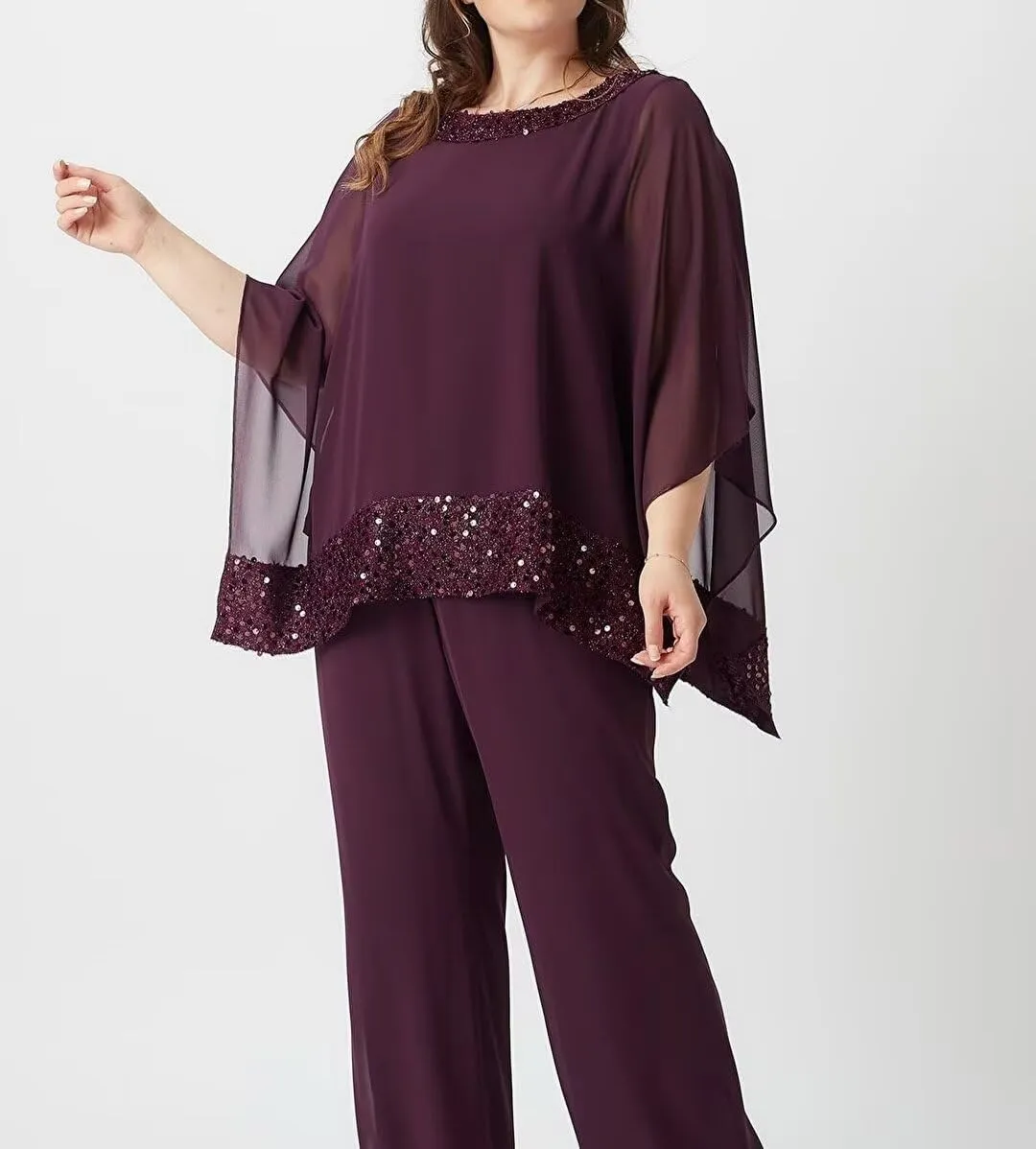 Mother of Bride Pant Suits 3 Piece Chiffon Sequins Plus Size Formal Evening Outfits