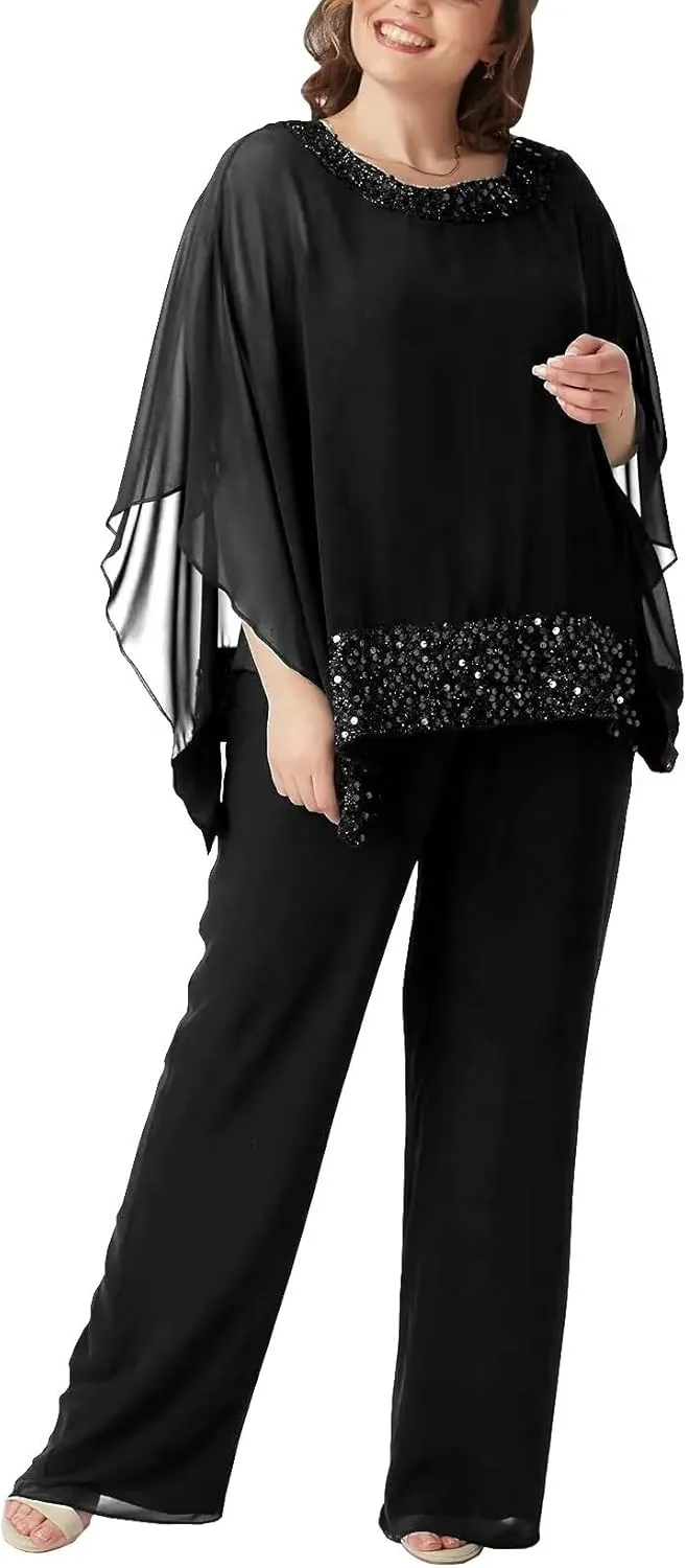 Mother of Bride Pant Suits 3 Piece Chiffon Sequins Plus Size Formal Evening Outfits