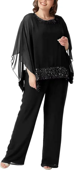 Mother of Bride Pant Suits 3 Piece Chiffon Sequins Plus Size Formal Evening Outfits