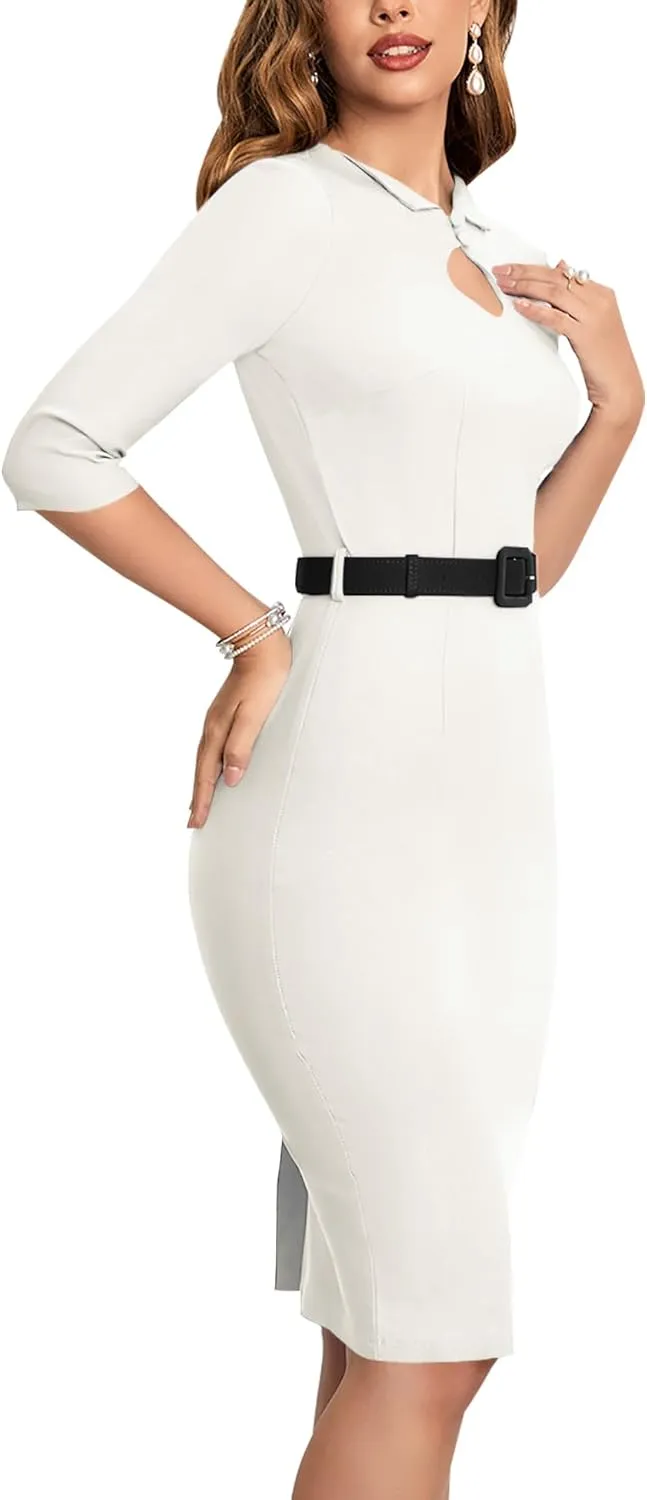 MUXXN Women's Audrey Hepburn 1960s Half Sleeve Formal Work Dress with Belt