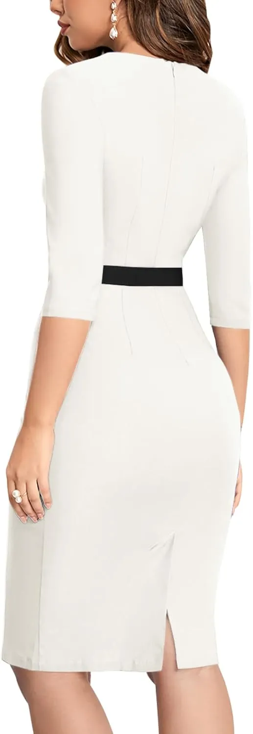 MUXXN Women's Audrey Hepburn 1960s Half Sleeve Formal Work Dress with Belt