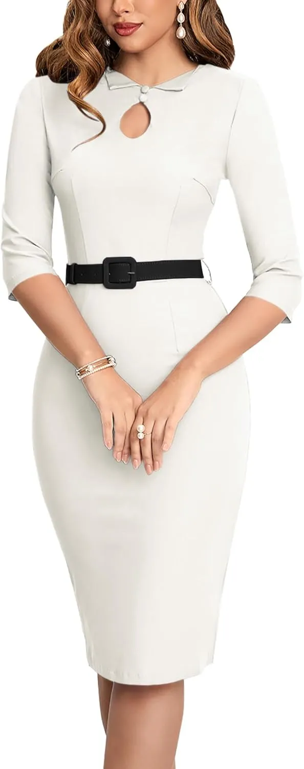MUXXN Women's Audrey Hepburn 1960s Half Sleeve Formal Work Dress with Belt