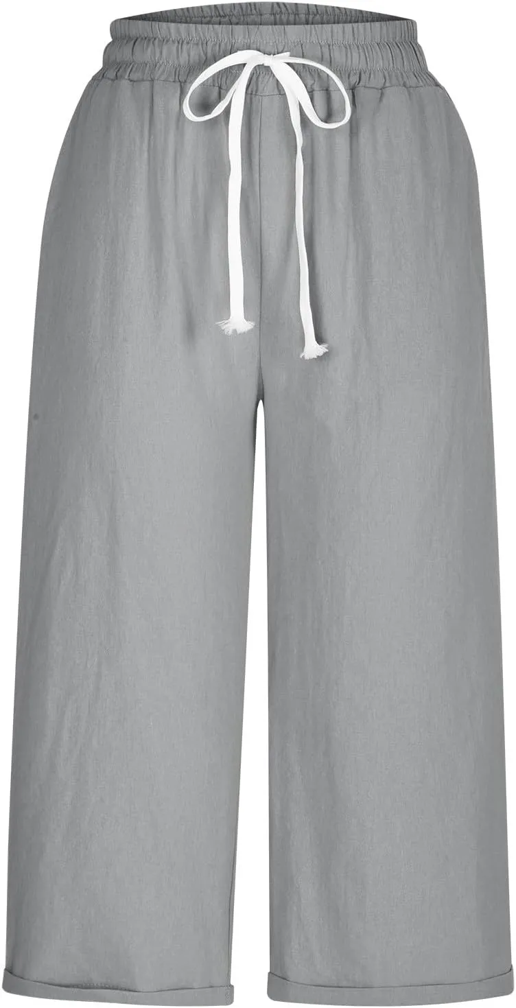 Mzkdieey Cotton Linen Capris Pants for Women Summer Casual Straight Wide Leg Drawstring Elastic Waist Cropped Beach Trousers