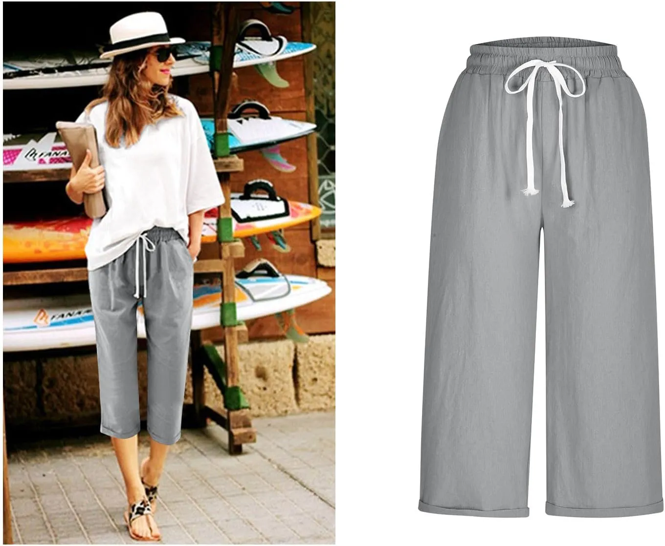 Mzkdieey Cotton Linen Capris Pants for Women Summer Casual Straight Wide Leg Drawstring Elastic Waist Cropped Beach Trousers